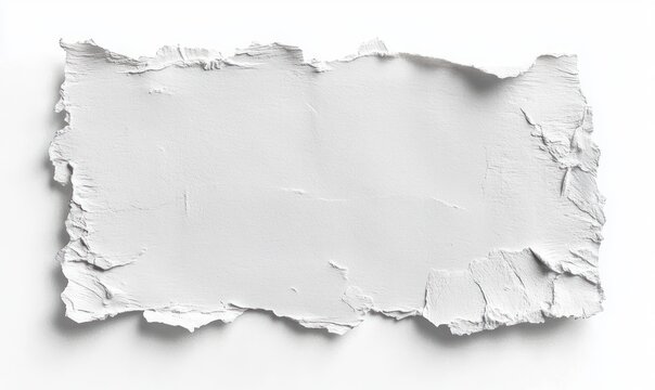 white torn paper sheet with rough deckled edges, textured surface and soft shadows on white background evoking a minimalist tactile calm mood