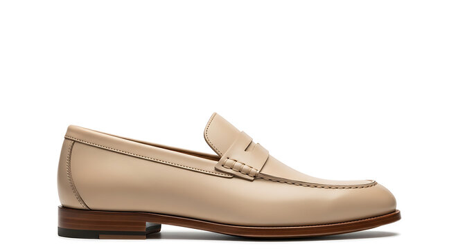 Classic beige leather penny loafer shoe with dress shoe industry white background shoe rack footwear menswear accessory stitching handcrafted isolated