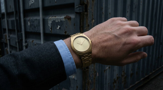 Close-up of a hand wearing a luxury gold watch, symbolizing smuggled goods against a rusty shipping container background, evoking mystery and intrigue