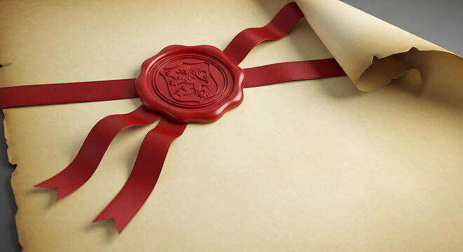 Antique scroll document with red wax seal and ribbon document parchment certificate contract official authentic authentication documentary archives agreement