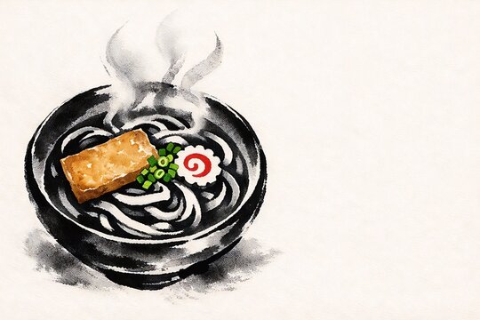 湯気立つきつねうどんの墨絵風のイラスト｜水墨画アート