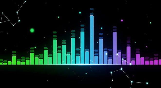 Colorful audio visualizer with constellation overlay on a black background