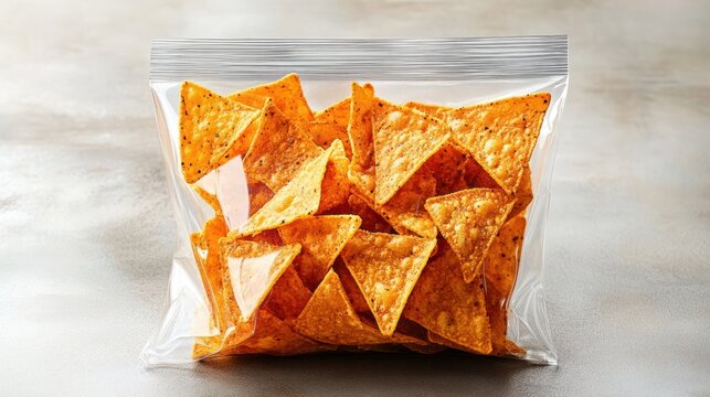 transparent resealable plastic bag filled with seasoned triangular corn chips on a neutral surface, crispy and tempting snack