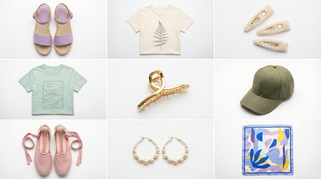 Artisanal esparto sandals, illustrated botanical t-shirts, pearl hair clips, linen baseball cap, and abstract silk scarf arranged in a clean grid moodboard on a white background. Summer fashion set.