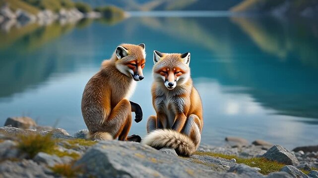 Rare Simien Foxes Interacting by a Serene Blue Mountain Lake