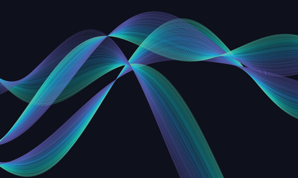 Intersecting gradient ribbons of fine parallel lines on dark navy background, abstract blue