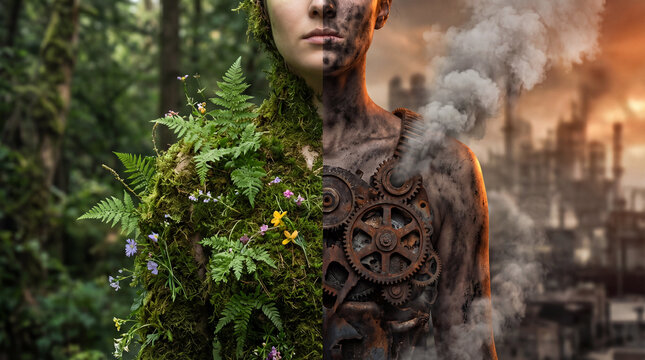 Eco warrior, nature vs industry, environmental activism, green technology