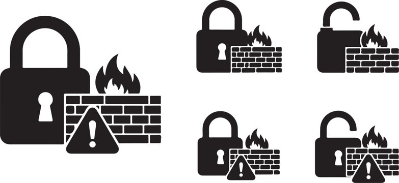 Black padlocks with burning brick wall and warning sign icons set