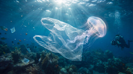 Obraz premium Underwater, jellyfish swimming, ocean creature, marine life, clear blue water