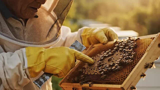 Beekeeper in Protective Suit Inspecting Honeycomb Frame With Bees in Apiary at Sunset