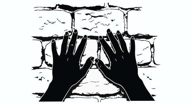 Hands reach out to touch rough brick wall, symbolizing connection or barrier.