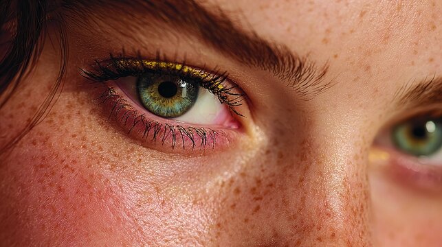 Close-up makeup aesthetic featuring perfect precise eyeliner wing, dramatic false eyelashes enhancing eye shape. 