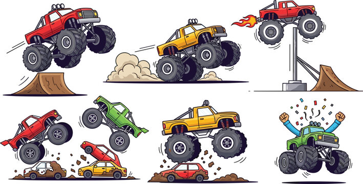 Monster Truck Vector Set with Jumping Stunts, Car Crushing Action, and Ramp Performances for Motorsport Entertainment, Event Promotions, and Extreme Sports Designs