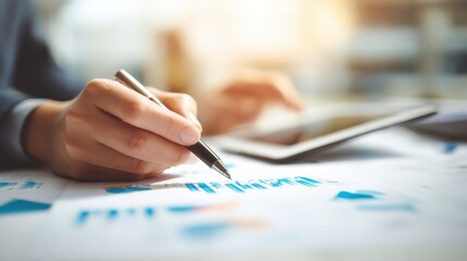Fototapeta premium Hands are visible holding a pen and tablet. Financial charts and graphs are spread across a desk. A modern office setting is illuminated by soft natural light