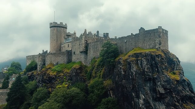 Brooding medieval stone castle with round tower and battlements perched on a rugged mossy cliff above misty green trees under a cloudy sky