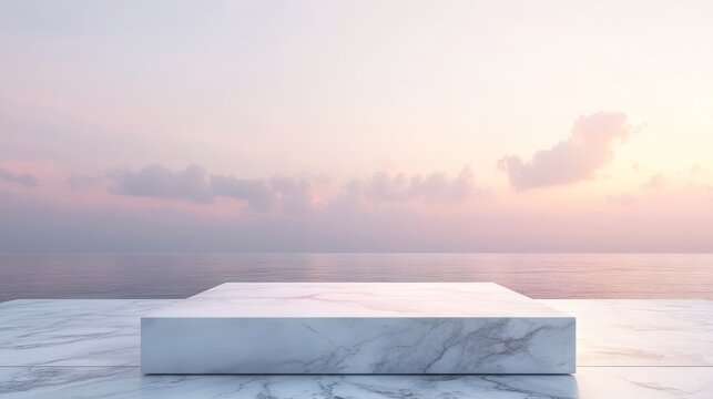 White marble platform under diffused sky with pink morning haze, luxury mockup scene .