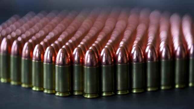 9mm bullets rotating in circular formation. Close up of ammunition cartridges spinning with metallic shine