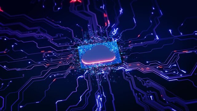 Cloud Computing Microchip Neon Circuit microchip Neon Cloud Processor Data Hub circuit traces spark particles. cloud computing, SaaS, data center visuals, digital infrastructure, tech presentations.
