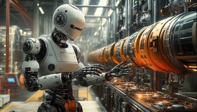 humanoid robot inspecting orange cylindrical machinery on an industrial assembly line, focused and meticulous