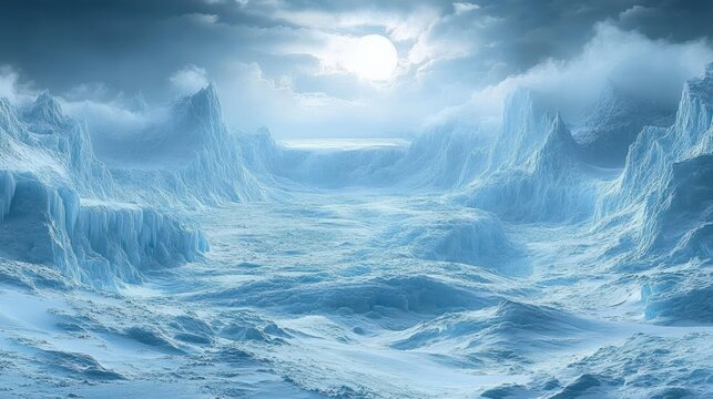 vast frozen valley of jagged ice cliffs under a pale sun and cloudy sky, serene desolate and otherworldly winter scene