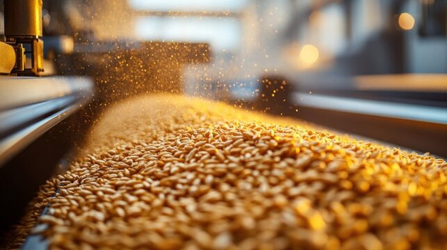 close-up of golden wheat grains flowing on a conveyor belt in a sunlit processing plant with warm glowing dust and a sense of motion and productivity