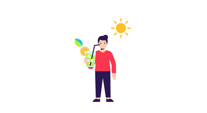 Flat design man holding rocket, sunny day, colorful illustration, modern style graphics