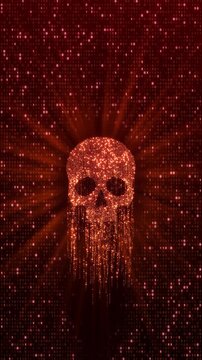 Glowing Digital Skull Cyber Attack Data Breach Luminous particle binary code cyber attack, hacking threats data breach risks, cyber security visuals, digital danger technology awareness online fraud