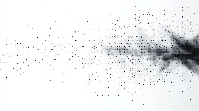 Minimal monochrome abstract particle cloud of black dots and squares dispersing from a dense smoky grid to scattered points, suggesting motion and quiet tension