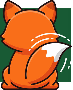 Cartoon fox with orange fur and white tail in a green frame.