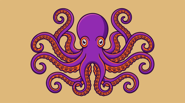 Cartoon illustration of a purple octopus with curly tentacles on a beige background.