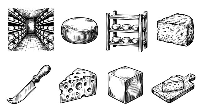 Various types of cheese and cheese storage illustrations