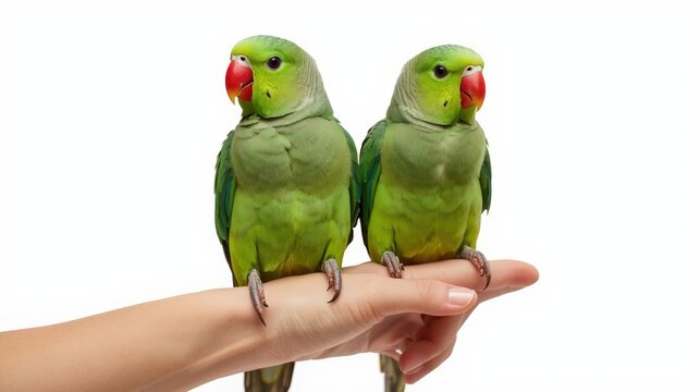 Two green parakeets perched on a person's hand together