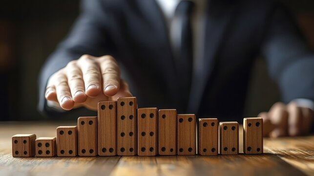 Suit-clad hand stopping a row of wooden domino blocks on a wooden table, conveying control, prevention and strategic resolve