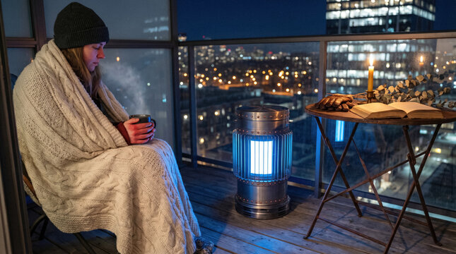 Balcony at night with nuclear-powered heater
