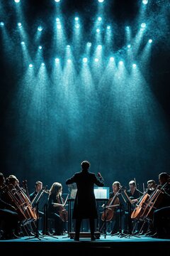 conductor leading a string orchestra under dramatic blue spotlights on stage, musicians focused and playing cellos and violins in a majestic intense concert atmosphere