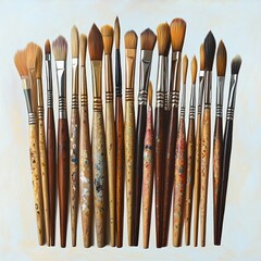Fototapeta premium row of assorted paintbrushes with paint-splattered wooden handles neatly arranged against a light background, evoking creative focus and calm anticipation