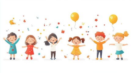 Fototapeta premium row of six joyful children with arms outstretched, colorful clothes, two yellow balloons, scattered confetti, hearts and flowers, smiling and playful