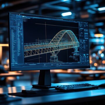Workstation with monitor showing wireframe CAD model of an arched bridge, keyboard on desk, blurred office background and cool blue lighting conveying focused technical precision