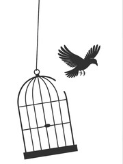 Fototapeta premium Bird in cage vector illustration of birdcage silhouette with animal freedom and prison concept, flying bird, vintage metal cage design