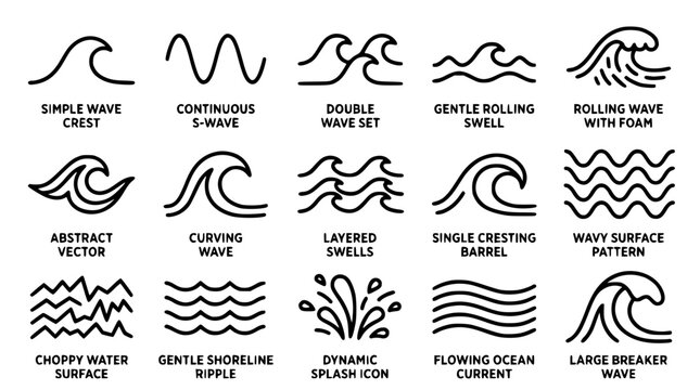 Various vector wave designs and ocean graphics illustrations
