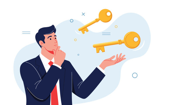 Thoughtful executive pondering solutions as golden keys float above his hand symbolizing access and opportunity.