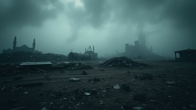 desolate post-apocalyptic landscape with ruins and debris under stormy sky