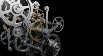 Obraz premium A complex mechanical gear system with metallic gears and a golden gear on a black background.
