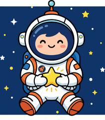Naklejka premium Cute astronaut holding a star in outer space with stars.