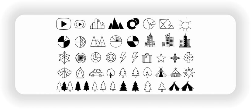 Minimal line icon set with geometric shapes charts buildings trees and nature elements vector illustration