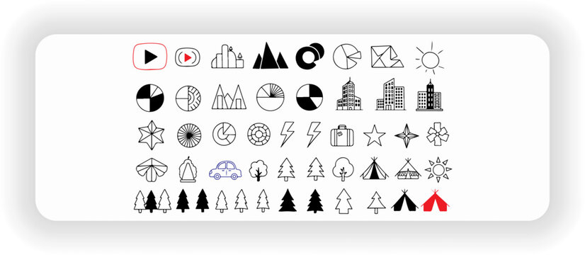 Minimal line icon set with geometric shapes charts buildings trees and nature elements vector illustration