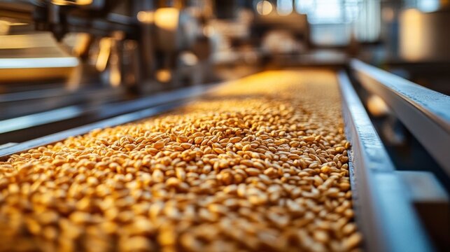 Close-up of golden wheat kernels flowing on a conveyor belt in a warm lit food processing factory, suggesting motion, abundance and industrial efficiency