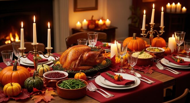 A beautifully set Thanksgiving table with a roasted turkey, pumpkins, and candles.