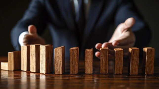 Hands of a person in a dark suit stopping a row of wooden blocks on a wooden table, protective determined gesture preventing a domino effect