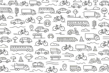 transport doodle seamless pattern, hand drawn vehicles background, cars buses bikes trucks illustration, traffic elements design, line art vector, urban transport wallpaper, kids pattern, outline  © SayedaRima